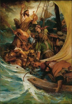 jesús Painting - La paz sea todavía católica cristiana Jesús en el agua tormenta del mar